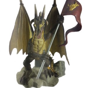 Figura de resina de dragón con bandera.
